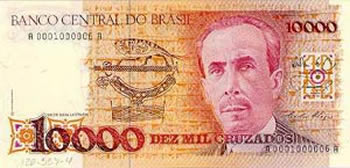 Cédula de 10 mil cruzados lançada em 1986, que homenageou o cientista Carlos Chagas