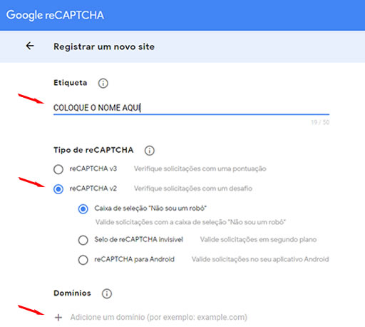 Marcação e Propriedades. Tipo de reCAPTCHA e Domínio