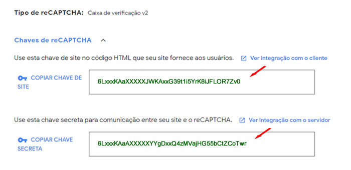 KEYS: Chave do Site (Site key) e Chave Secreta (Secret key)